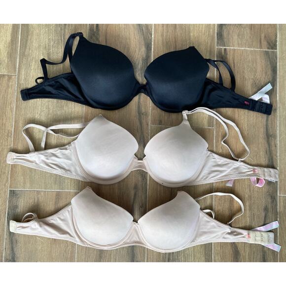 Victoria's Secret PINK Lightly Lined Bra 3 Pack 32D Beige and Black - Picture 1 of 8